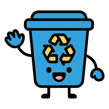 blue recycling bin with a big smile, waving hand sticker