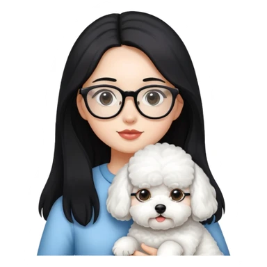 Girl with long black hair and glasses holding a white Bichon Frise dog sticker