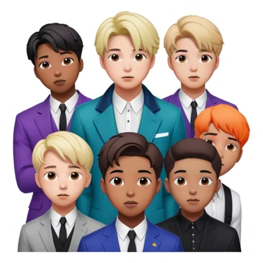 Cinematic Realistic group portrait of BTS featuring all 7 members in stylish modern attire, with detailed facial expressions and vibrant colors, captured in dynamic, contemporary lighting that emphasizes their global pop icon status sticker