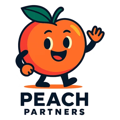 friendly peach mascot for 'Peach Partners' logo, vibrant colors, cheerful expression, peach with waving hand sticker