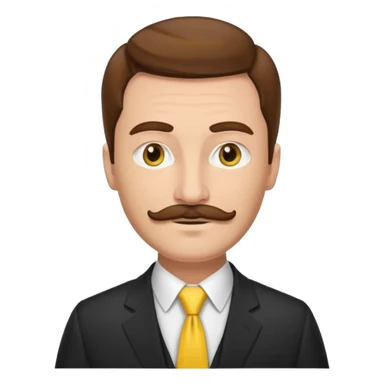 ["Fair-skinned man with brown hair and thin moustache, wearing a suit and yellow tie."] sticker