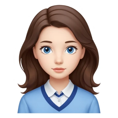 Realistic Student Portrait, with porcelain-like skin featuring a natural rosy flush, iHer Brunette Half-Up Style for Straight  hair flows in soft, Her deep blue eyes radiate warmth and innocence,  wear light blue preppy style. sticker