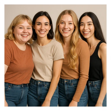 group portrait of four young female friends, 25 years old, waist up, diverse body types: chubby blonde with cheeks, slim brunette, normal weight blonde with long wavy hair, slim brunette with very long hair; casual clothing, neutral background, cheerful attitude sticker