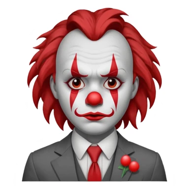 No wig, but long messy brown hair.

White face paint with red clown makeup and a red nose.

Wearing a gray suit with a tie.

Expression is sad and serious, resembling a clown with a more human-like look. sticker