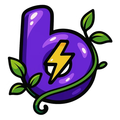plump vibrant Boosty logo cartoon style purple 'b' with lightning bolt cutout bold outline expressive shadows glossy highlights no background leafy vine wrapping around logo sticker