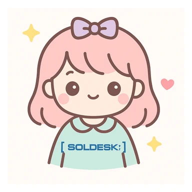 Add the SOLDESK logo to the character's shirt, keep the kawaii style, preserve the original background. sticker