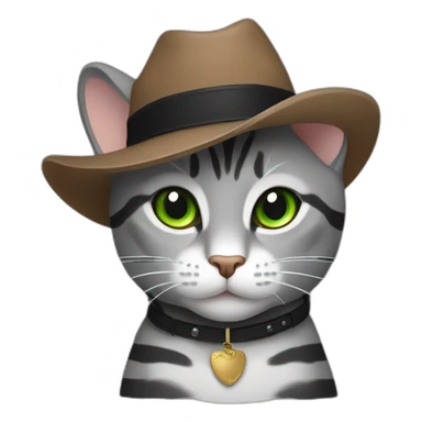 Gray cat with black stripes and brown cowboy hat and green eyes  sticker