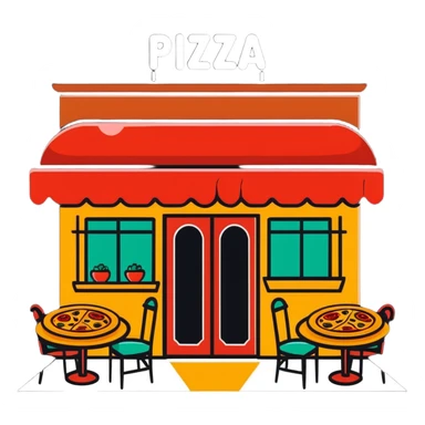 cartoonish Italian restaurant with pizza and pasta elements sticker