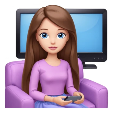 beautiful barbie girl with long brown hair, blue eyes and wearing light purple clothes watching tv shows sticker