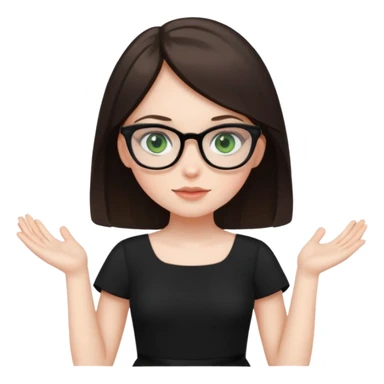 a cute white brunette girl with green eyes in a black dress wearing glasses  with two hands  sticker