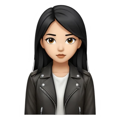 create an emoji of a 22-year-old woman, long straight black hair, black eyes with Asian features, she is brown, wears a black leather jacket with a white blouse underneath sticker