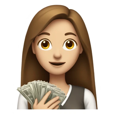 White woman with flowing brown hair counting money sticker