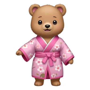 A cute light-brown bear wearing a pastel pink sakura-patterned kimono, normal balanced body ratio.  
Standing under a blooming sakura tree, looking up at falling pink petals with a soft amazed smile.  
Kawaii emoji style, minimalistic clean sticker illustration, simple scenic background. sticker