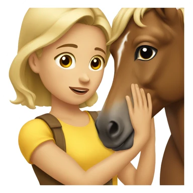 Dark blonde girl wearing sleeveless yellow shirt petting brown horse sticker