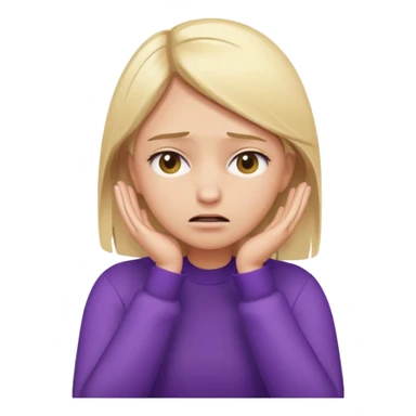 Emoji-style illustration of a frustrated young woman, smooth, shiny, perfectly styled blonde hair, wearing a purple sweater, holding her face in her hands, expressing annoyance and disappointment, cartoonish, expressive, simple lines, flat colors, clear silhouette sticker