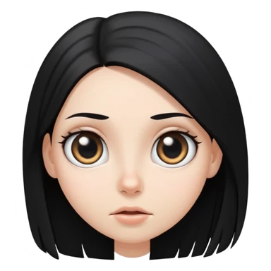 White girl face closeup with huge round eyes, long straight black hair falling in front of her bare shoulders, face closeup sticker