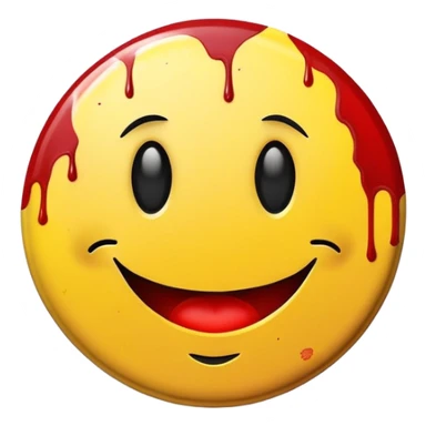 Yellow round smiley face badge with a small red blood splatter sticker
