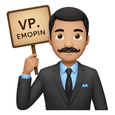 Black haired man with black mustache wearing a suit and holding a sign that says VP sticker