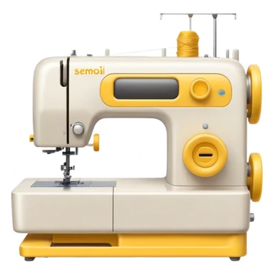 Emoji of a modern sewing machine inspired by a Brother machine. Soft, rounded shapes in the style of Apple emojis, with subtle gradients and soft shadows. White body, a yellow spool on top sticker