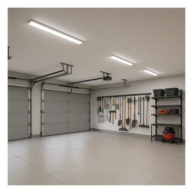 modern garage with three doors, organized tools, bright lighting sticker