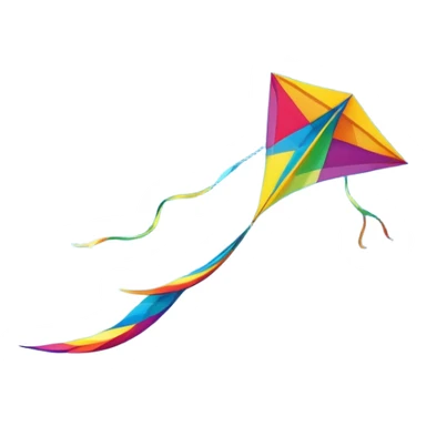 A colorful kite soaring high in the sky on a sunny day, with a long, flowing tail trailing behind. The background features an open field or beach, capturing the joy and freedom of flying kites, with gentle winds and a peaceful atmosphere. sticker