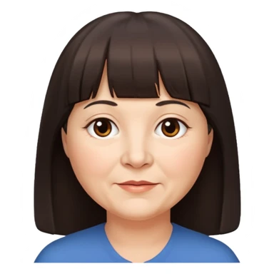60 yr old woman, very small brown eyes, long straight dark brown hair, bangs, chubby, long face sticker