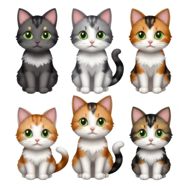 6 different coloured small cats including a dark grey and white, and a patchy calico, and a brown tabby and white,  and a completely solid dark grey with green eyes and only white paws sticker