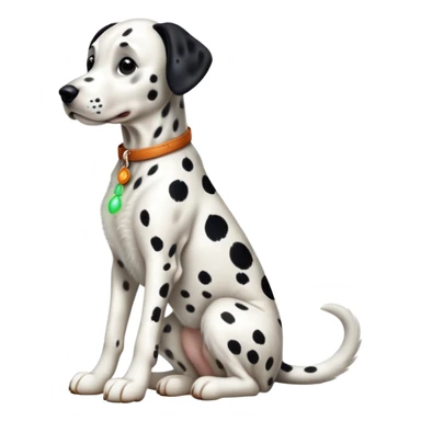 cinematic-[dalmatian dog]-realistic-full-body-sitting-emoji,-tail-resting-loosely-beside-its-paws,-head-tilted-dramatically,-sleek-[spotted]-fur,-simplified-yet-realistic-focused-features,-highly-detailed,-glowing-with-an-almost-sarcastic-glow sticker