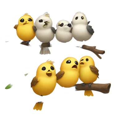 Five round and adorable little birds, chirping away in different directions, perched on a single branch sticker