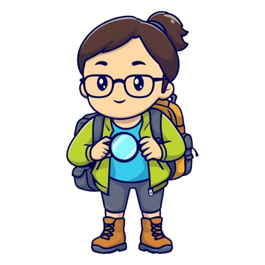 Woman in her late 30s with glasses wearing sporty outfit, hiking boots, and backpack, holding a magnifying glass and looking curious sticker