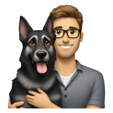 a handsome guy with brown hair, black thin stylish glasses and (grey eyes) hugging the grey german shepherd (yellow eyes) sticker