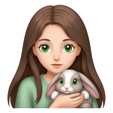 A grey, floppy eared bunny being held by a girl with long brown hair and green eyes. sticker