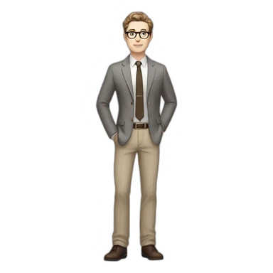 Full height Gesticulating Pale skinned fit man with dark brown hair in gray jacket, beige office shirt, brown tie, brown pants and vintage glasses. sticker