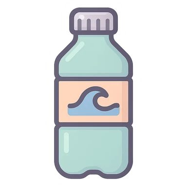 water bottle with wave on label, icon-color-outlined style, Chinese Eastern style, thin clean contours, soft rounded shapes, pastel palette #98B5BC, #B5B3C1, #C9A3C9, #E4C0CA, #F7DCD1, #F7C0AA, detailed shadows and highlights, soft lighting, transparent background, no decoration sticker