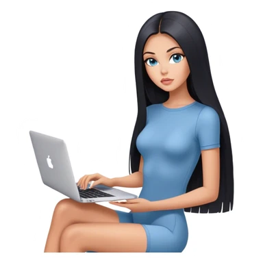 Glamours tanned very beautiful girl with pump peach nude lips and black straight smooth long hair, blue-grey eyes in beautiful short sleeves bodysuit with MacBook sticker