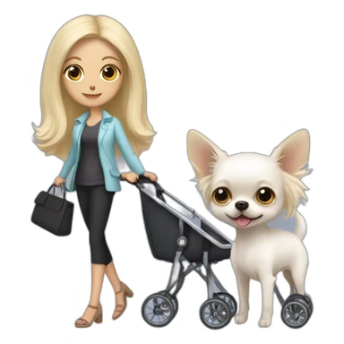 Longhair white chihuahua in a stroller next to woman with long dark hair and woman with short blonde hair sticker