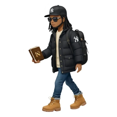 African American man with shoulder length black dreadlocks and black sunglasses wearing a black New York Yankees baseball hat with a North Face brand bubble winter coat with denim skinny jeans and timberland boots walk holding a holy bible in hand sticker