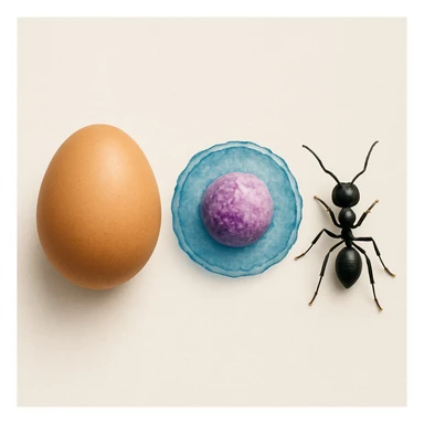 an egg next to a biological cell, both to the left of an ant sticker
