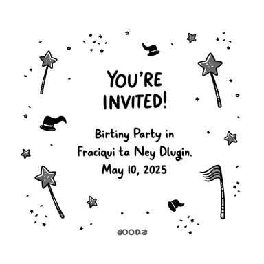 magical themed birthday party invitation illustration with sparkles, wands, whimsical decorations, including the text: 'You're Invited! Birthday Party in San Francisco, May 10, 2025' sticker