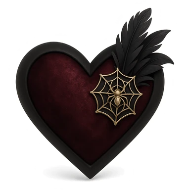 3D black style gothic heart, dark crimson velvet texture, silver spiderweb brooch, black feather accents, moody and rich gothic design sticker