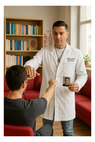 a middle-aged man, dressed in casual professional attire, is in a bright, organized therapy studio. Durante una visita di kinesiologia, il ragazzo tiene con una mano la foto di una persona lontana (il “testimone”) tiene la foto in mano, mentre con l’altra mano esegue un test muscolare su un cliente presente senza foto. Sullo sfondo si vedono libri di kinesiologia, poster anatomici e strumenti tipici della disciplina. L’atmosfera è concentrata e serena, con luce naturale che entra dalla finestra, sottolineando l’aspetto alternativo e umano della pratica. sticker