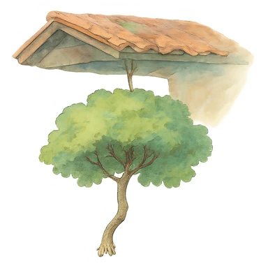 ghibli style illustration of a tree hanging from a roof, soft colors, whimsical sticker