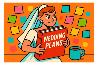 bride with a big binder labeled 'Wedding Plans' surrounded by sticky notes and a cup of coffee, looking determined, vibrant playful style sticker