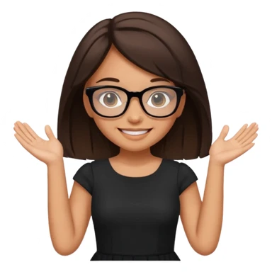 a cute brunette girl in a black dress wearing glasses  with two hands  sticker
