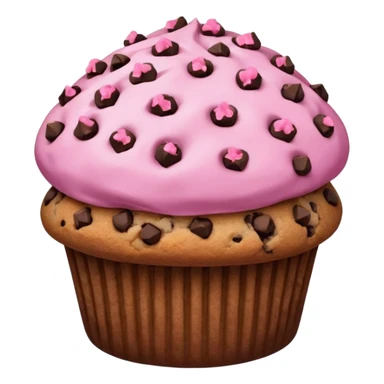 A pink muffin with chocolate chips and chocolate chip cookie topping sticker