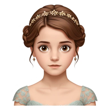 Cinematic Emma Watson Realistic Rococo Portrait, depicted with lifelike skin texture, subtle rosy undertones, and soft natural lighting that enhances the gentle contours of her face. Her intricately detailed brown hair is elegantly styled in an updo, sticker