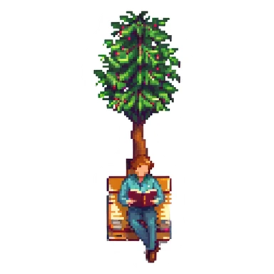 man reading a book under a tree in a park, pixel art style sticker
