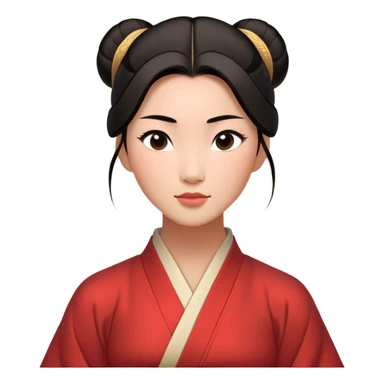 Cinematic Timeless Mulan Portrait Emoji, rendered in a clean vector style. Depict Mulan with warm, light-toned skin, neatly styled dark hair in a traditional bun, and a serene, confident expression, dressed in a simple traditional robe with minimal decoration. The image is highlighted by a soft, inviting glow and a subtle glowing outline, capturing enduring beauty and quiet strength. sticker
