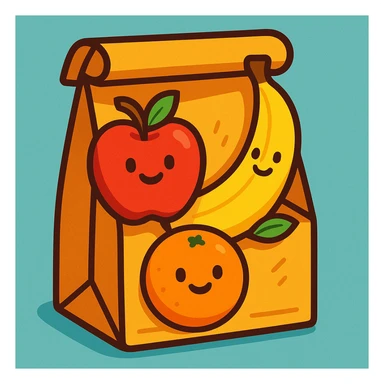 cartoon style lunch bag with fruit inside, bright colors, smiling fruit, simple background sticker