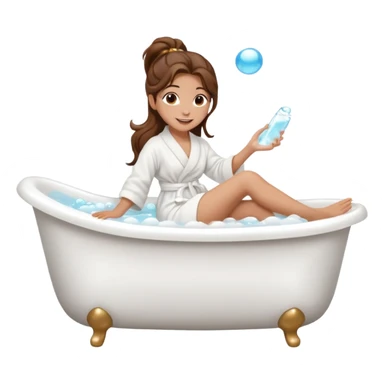girl with wavy long ponytail brown hair, brown eyes, light to medium complexion, long lashes, lying full body in a white bathtub with bubbles with one foot out of the tub, side view sticker